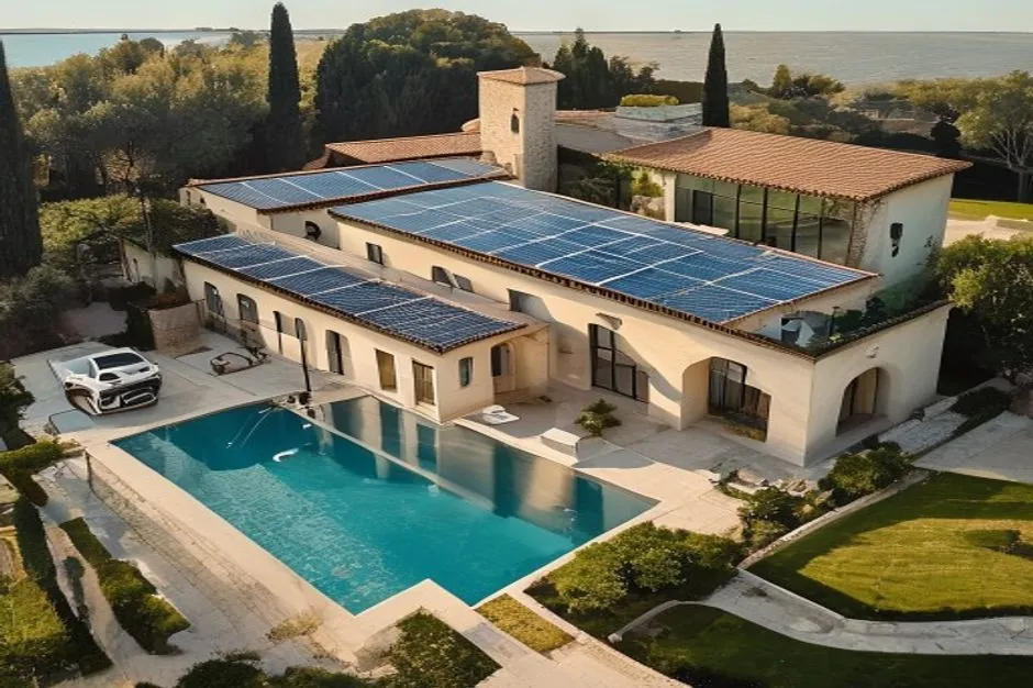 Illustration générée d’une maison varoise associant panneaux solaires, piscine et usages électriques de journée