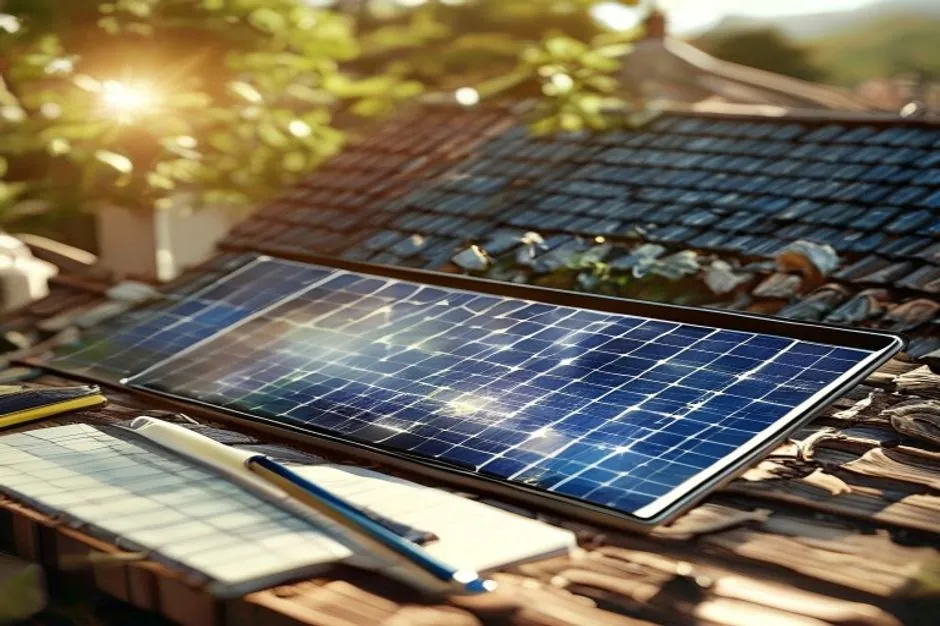 Illustration générée d’une étude de rentabilité photovoltaïque avec courbes et maquette de toiture