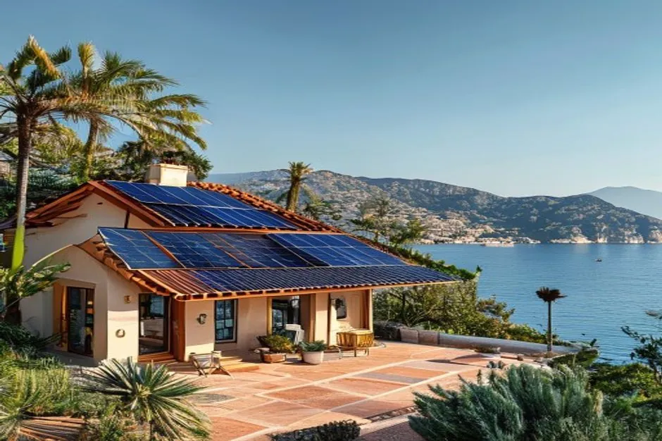 Illustration générée d’une maison solaire près du littoral et des palmiers d’Hyères